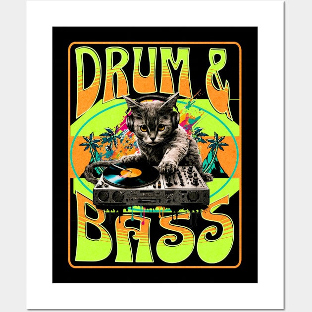 DRUM AND BASS  - Psychedelic Cat Dj (lime/orange) Wall Art by DISCOTHREADZ 